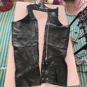 AJL Leather Chaps for Motorcycle Unisex Zip Up Leg Snap Lace Up Back Used Cond
